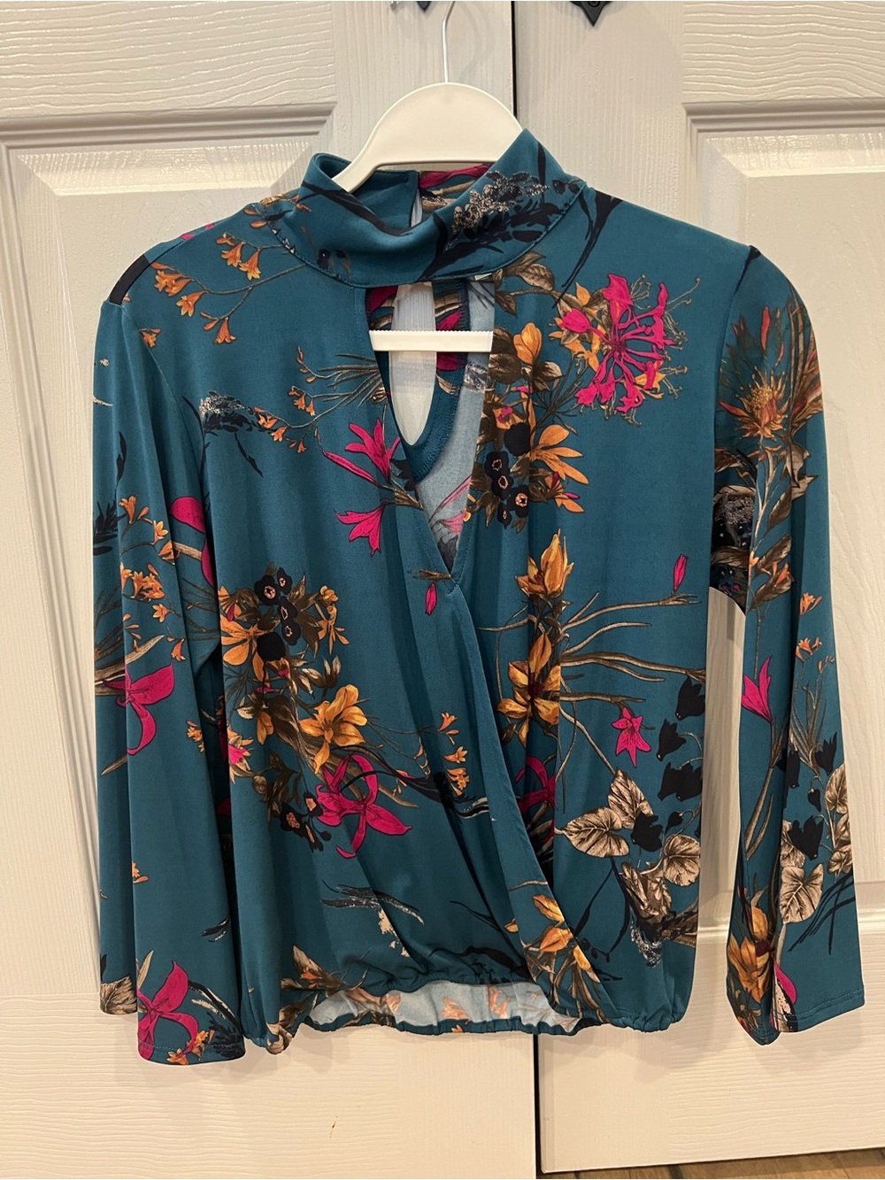 Veronica M Teal Floral Wrap Mock-Neck Blouse